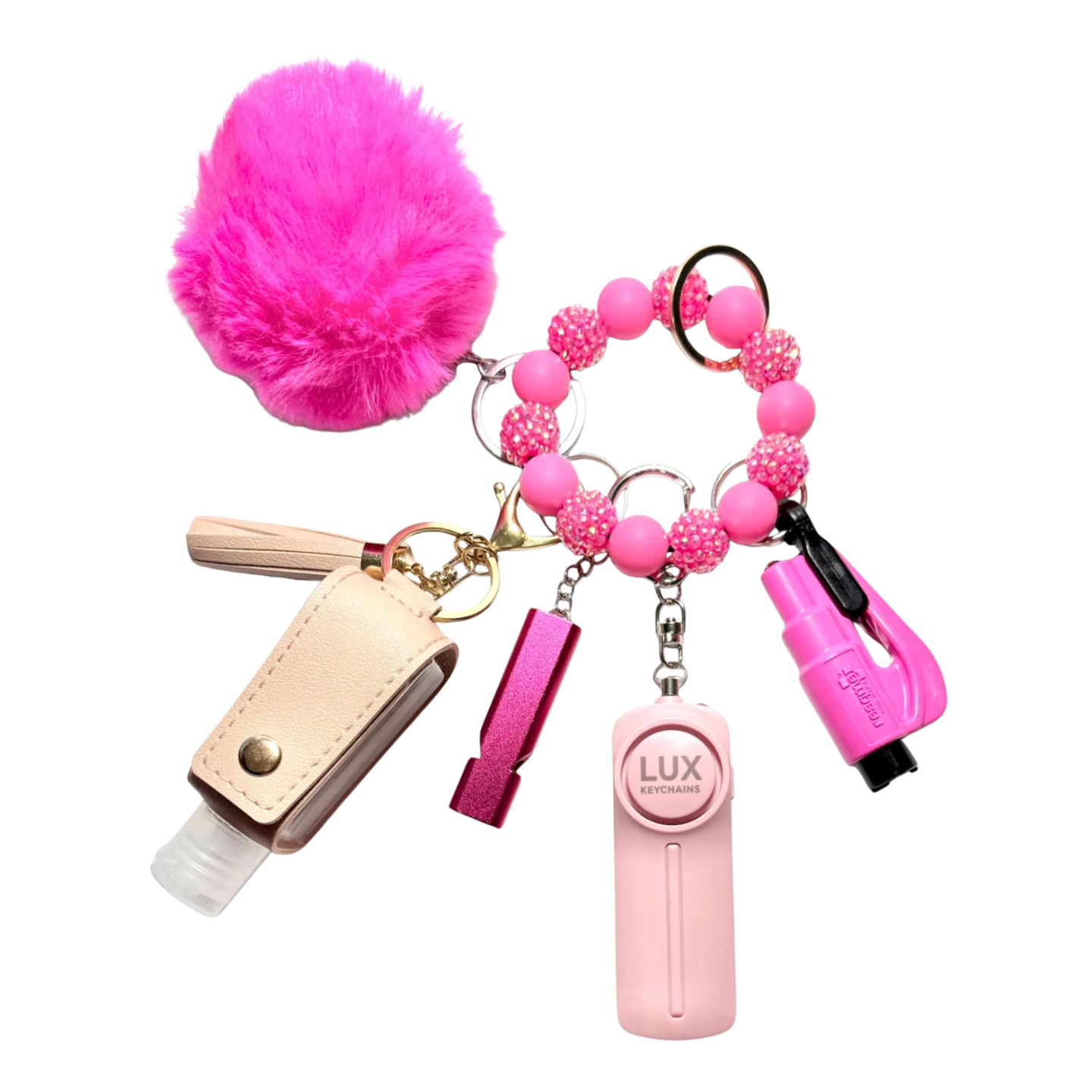 Hot pink safety keychain with sparkling rhinestone beads and a fluffy pom pom